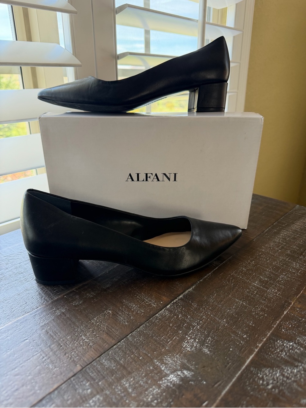 Alfani Black Pointed Leather Low Block Heel Pumps